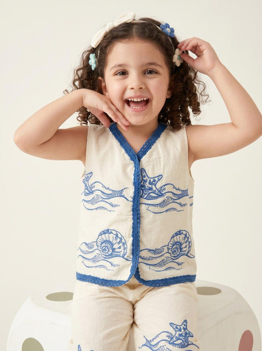 Baby Girls White & Blue Embroidered Baby set Set | Kids Sleeveless Top & Pants Set | Cute Casual & Summer Wear for Girls