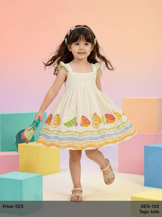 Baby Girls White Embroidered Flared Dress | Kids Summer Party Wear Frock | Cute Casual & Birthday Dress for Girls