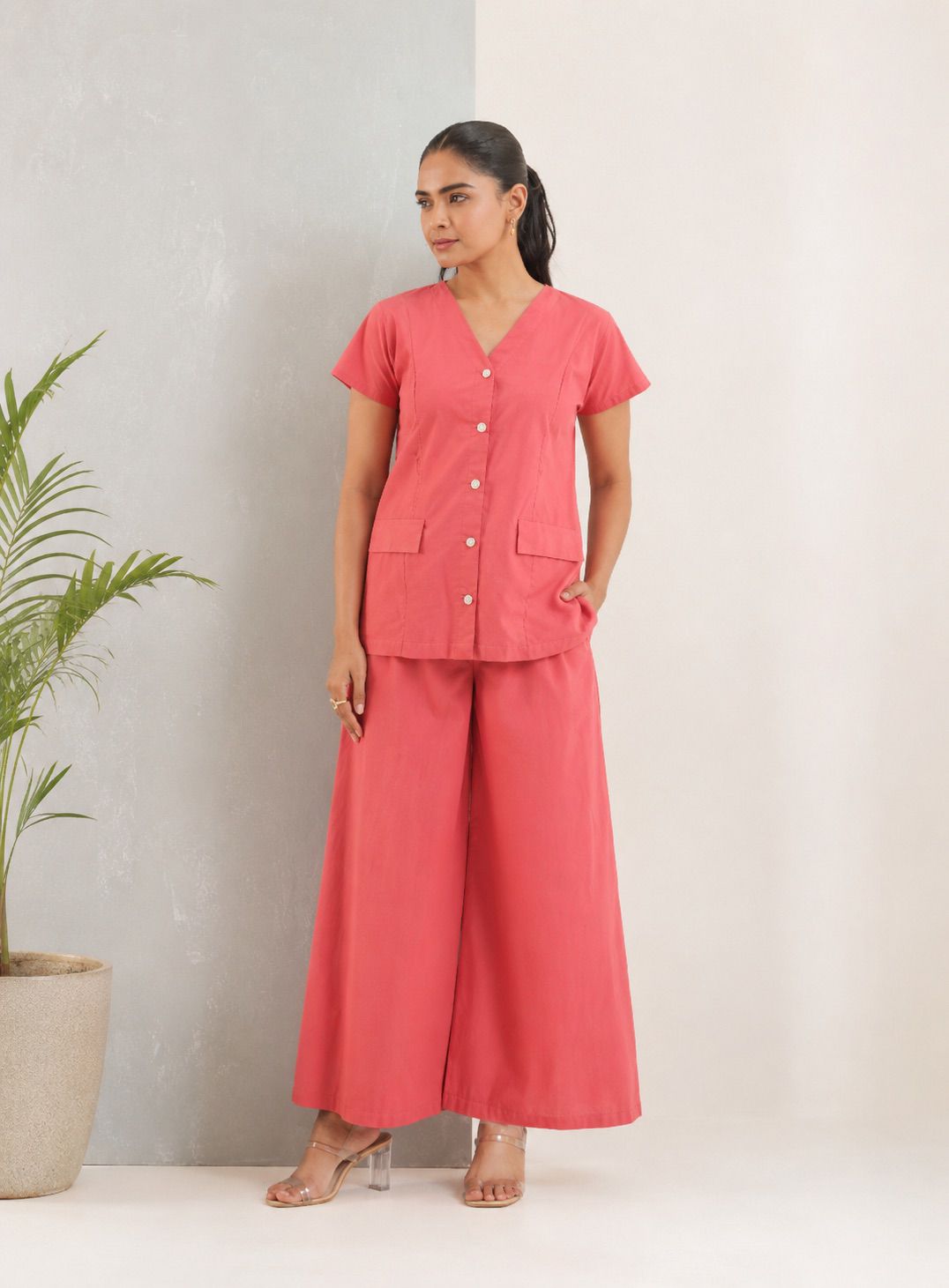 Women’s Solid Coral Cotton Co-Ord Set | V-Neck Button-Down Top with Wide Leg Palazzo Pants | Casual Lounge Wear Set for Women