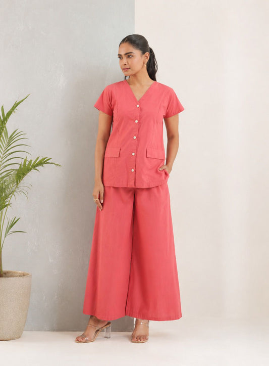Women’s Solid Coral Cotton Co-Ord Set | V-Neck Button-Down Top with Wide Leg Palazzo Pants | Casual Lounge Wear Set for Women