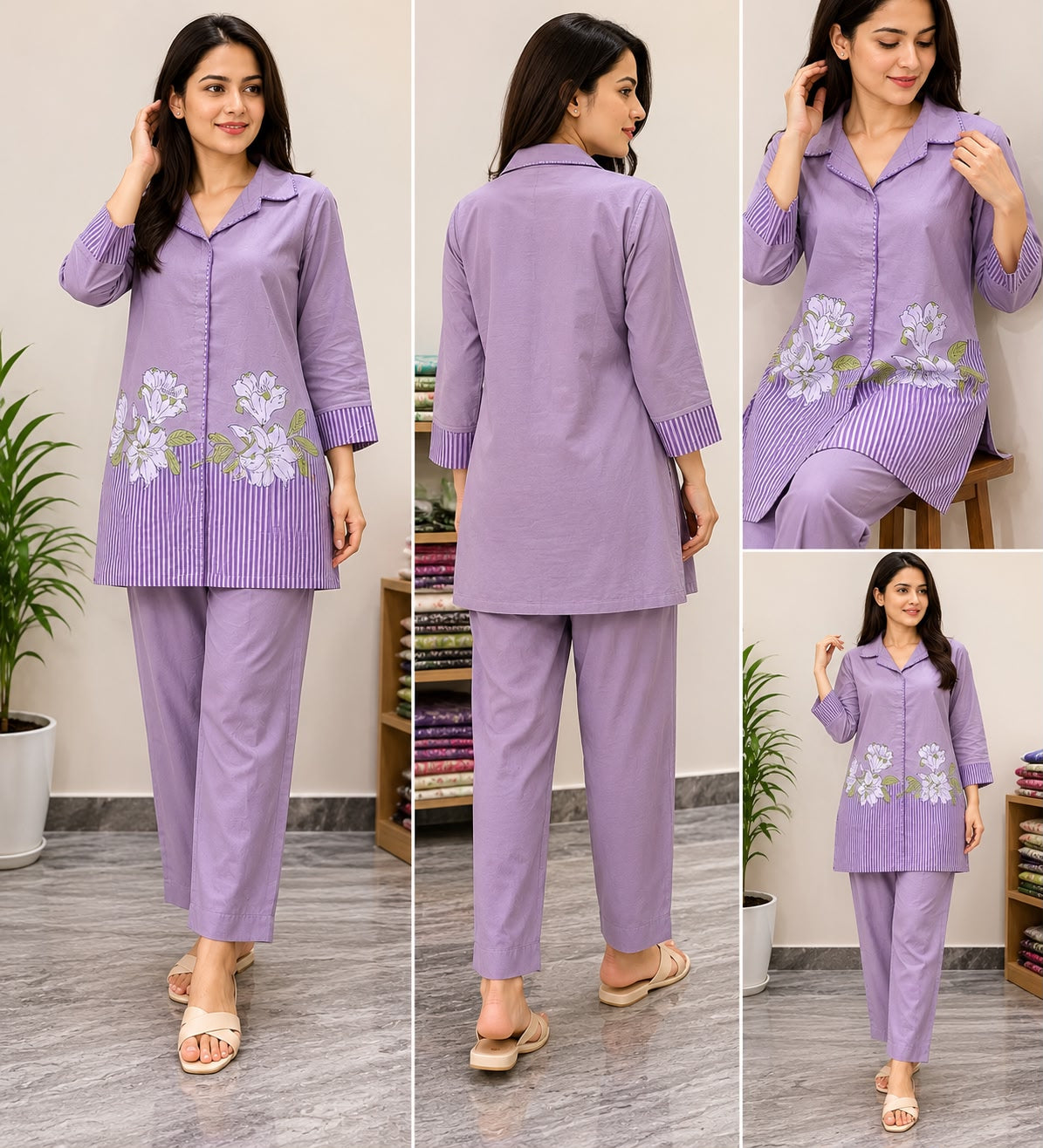 Women Cotton Co-Ord Set for Women | Lavender Floral Printed Lounge Wear Co Ord Set | Stylish Night Suit & Casual Wear Set