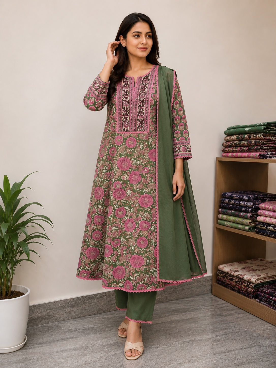 Women Floral Printed Anarkali Kurti Set with Dupatta | Olive Green Ethnic Cotton Kurta Pant Set for Women | Festive Traditional Wear