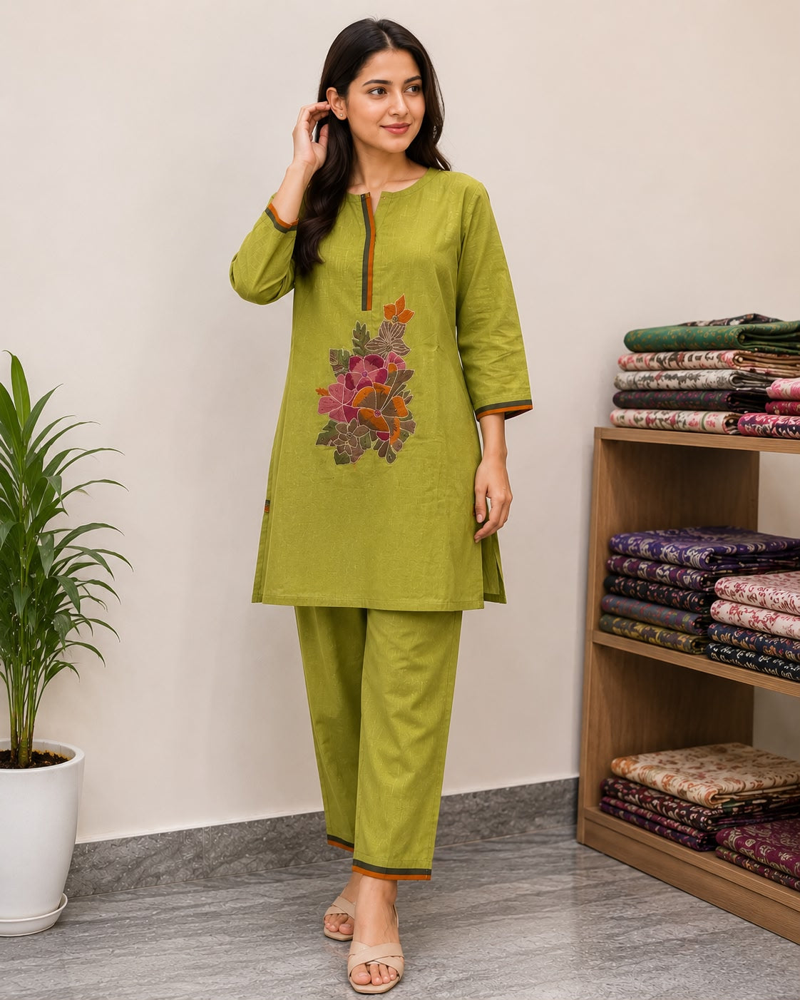 Women Cotton Co-Ord Set for Women | Olive Green Floral Printed Kurti Pant Set | Casual Ethnic Lounge Wear Outfit