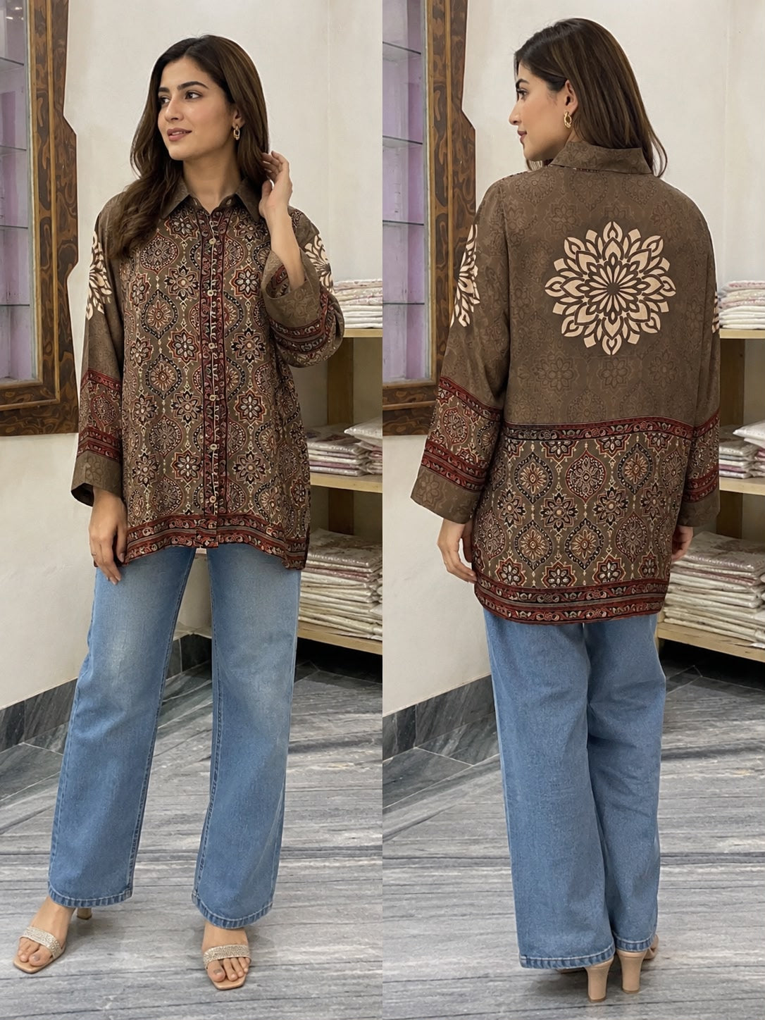 Women Ajrakh Modal Silk Shirt for Women | Ethnic Collared Long Shirt Top | Premium Casual & Fusion Wear
