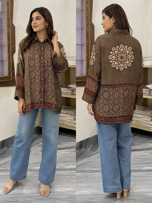 Women Ajrakh Modal Silk Shirt for Women | Ethnic Collared Long Shirt Top | Premium Casual & Fusion Wear