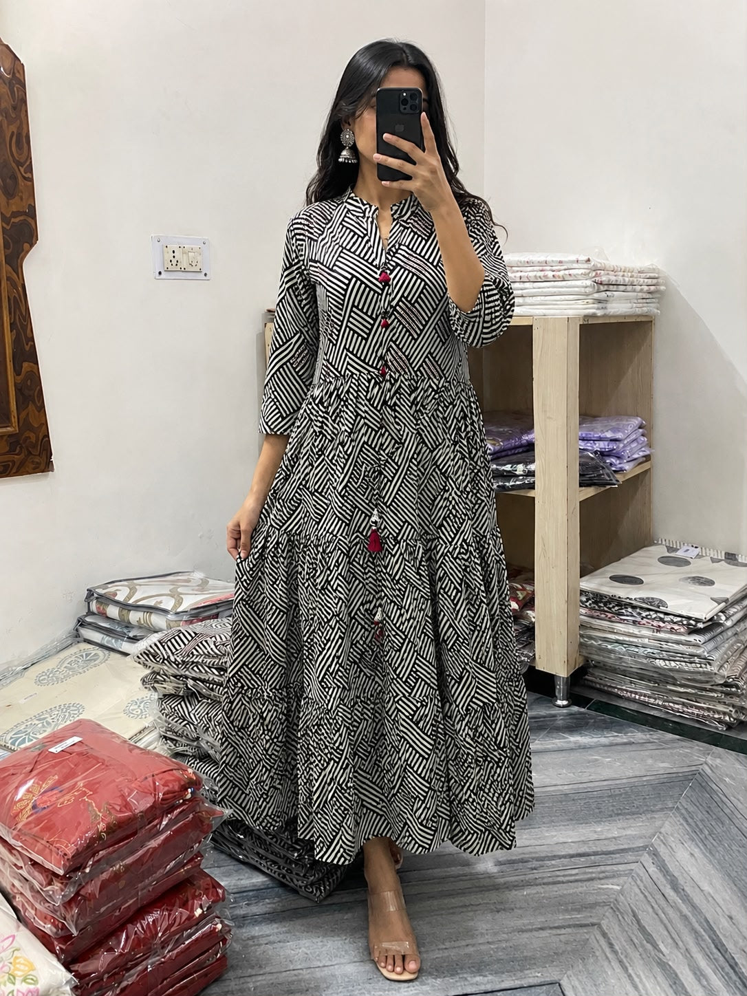 Women Black & White Cotton Maxi Dress | Flared Tiered Ethnic Dress for Women | Casual Long Dress with Tassel Detailing