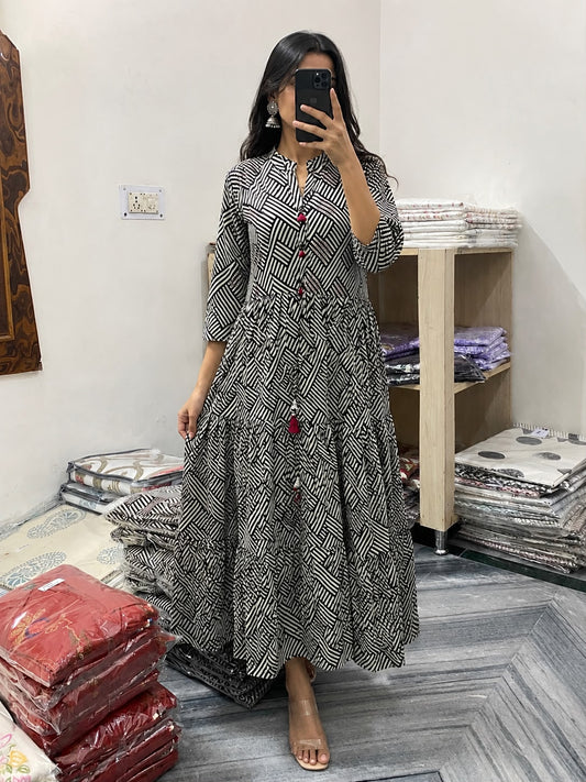 Women Black & White Cotton Maxi Dress | Flared Tiered Ethnic Dress for Women | Casual Long Dress with Tassel Detailing