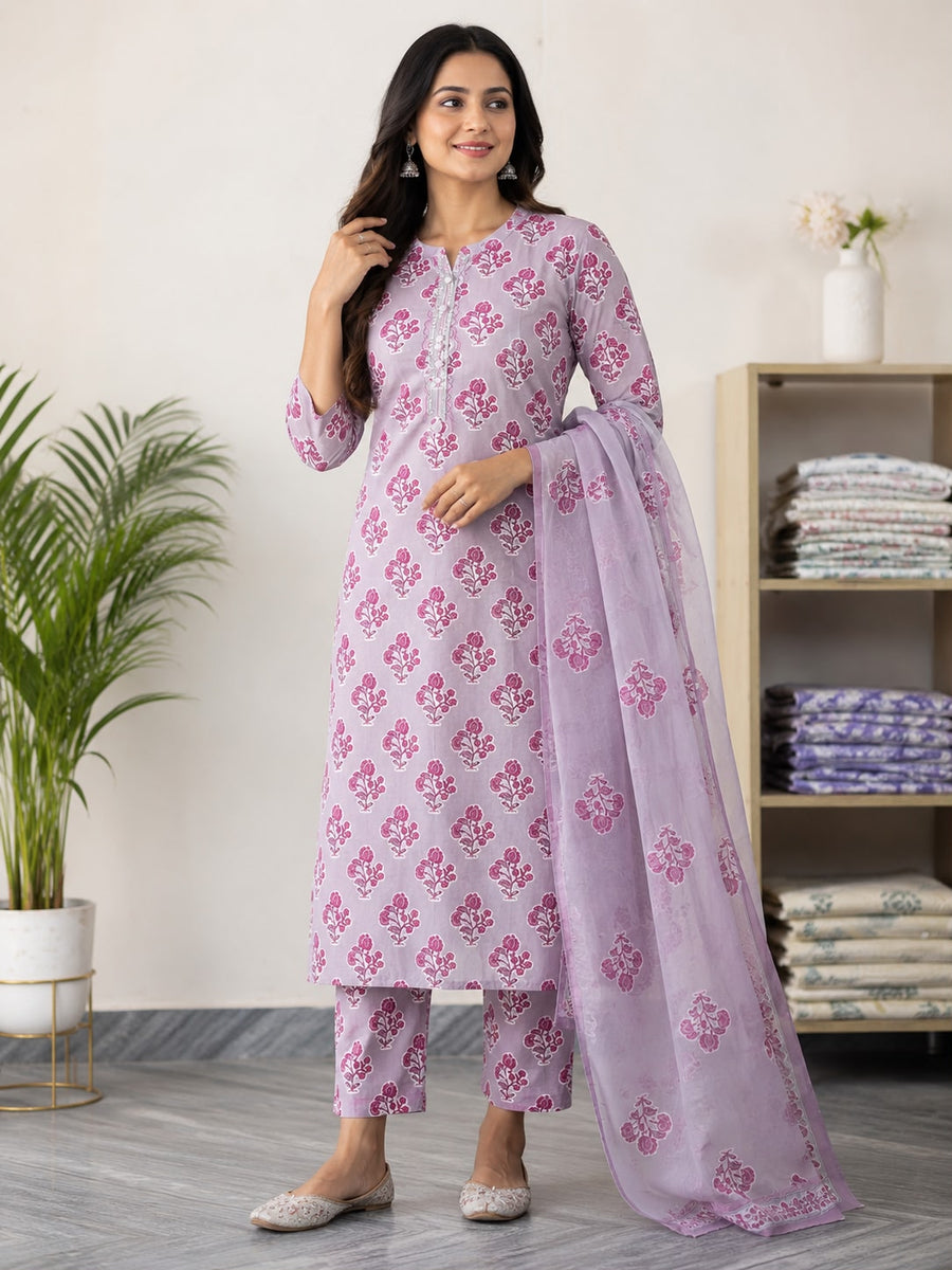 Women’s Cotton Printed Kurti Pant Set with Dupatta | Elegant Ethnic Wear for Women | Soft & Breathable Daily Wear Suit Set
