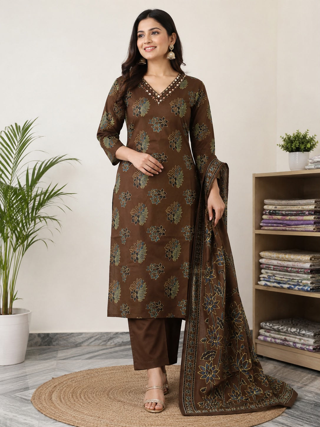 Women Brown Printed Kurti Pant Set with Dupatta | Elegant Ethnic Straight Kurta Set for Women | Festive, Casual & Office Wear