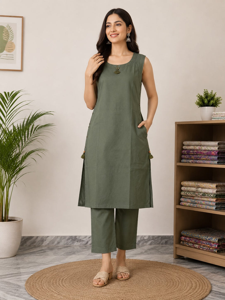 Women Khadi Cotton Kurti Pant Set | Sleeveless Solid Co-Ord Ethnic Set for Women | Casual Office & Summer Wear