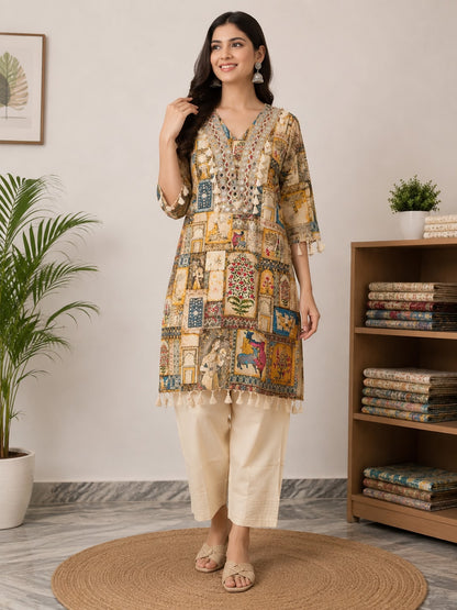 Women Cotton Printed Kurti Pant Set | Ethnic Straight Kurta Set for Women | Casual, Festive & Office Wear