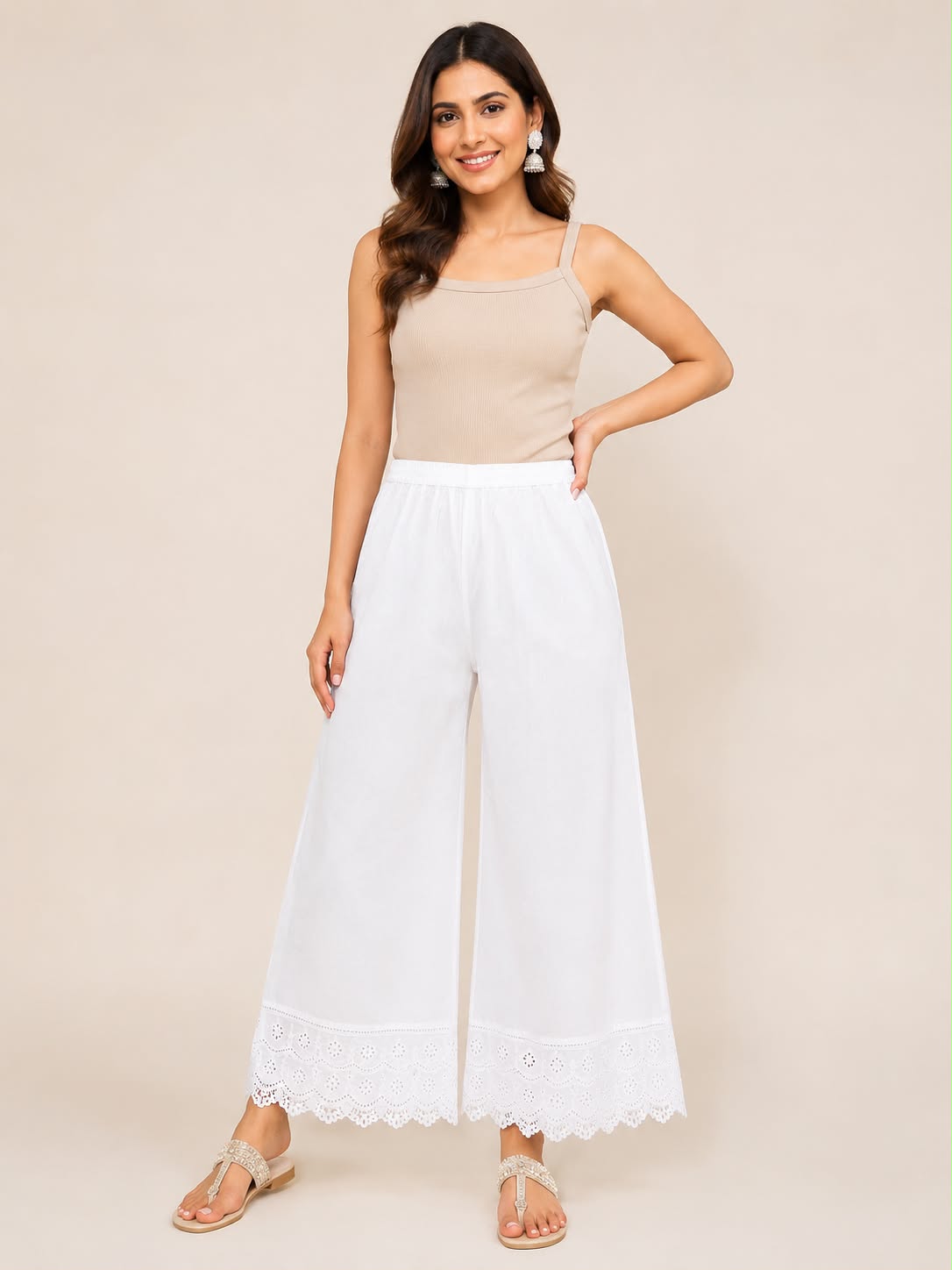 Women White Cotton Chikankari Palazzo Pants | Wide Leg Elastic Waist Palazzo for Kurti | Comfortable Ethnic Bottom Wear