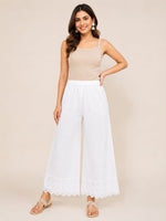 Women White Cotton Chikankari Palazzo Pants | Wide Leg Elastic Waist Palazzo for Kurti | Comfortable Ethnic Bottom Wear