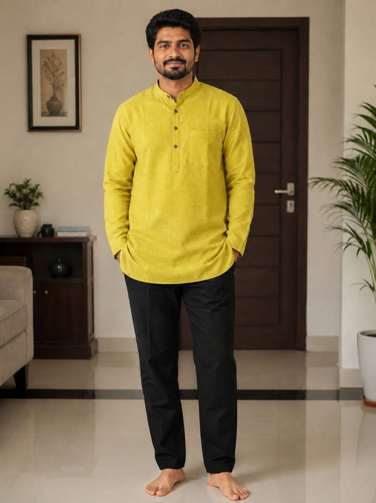 Men’s Full Sleeve Short Kurta | Yellow Cotton Casual Kurta for Men