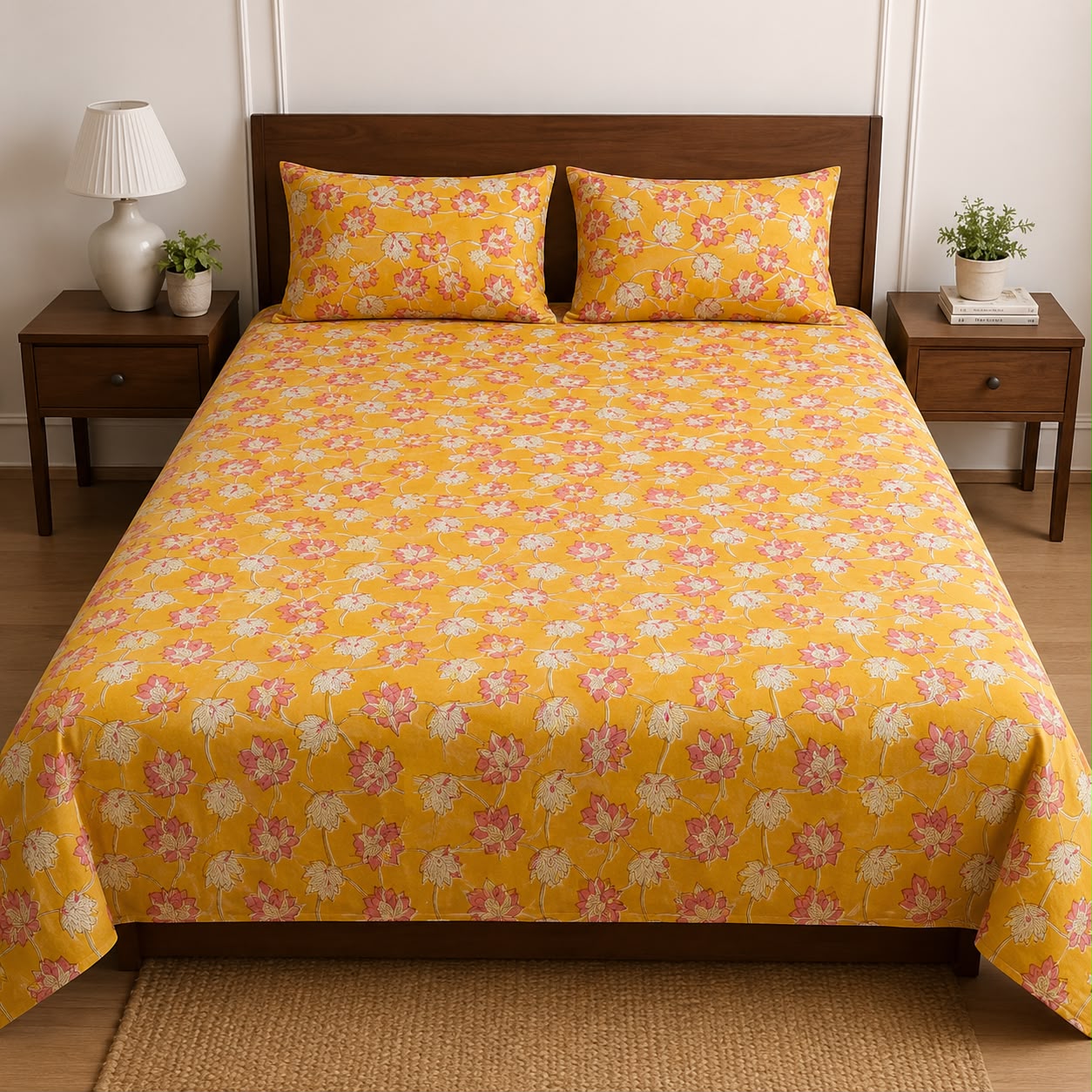 Fine Count Cotton Hand Block Printed Bedsheet with 2 Pillow Covers | Yellow Floral Double Bed Sheet for Bedroom Décor