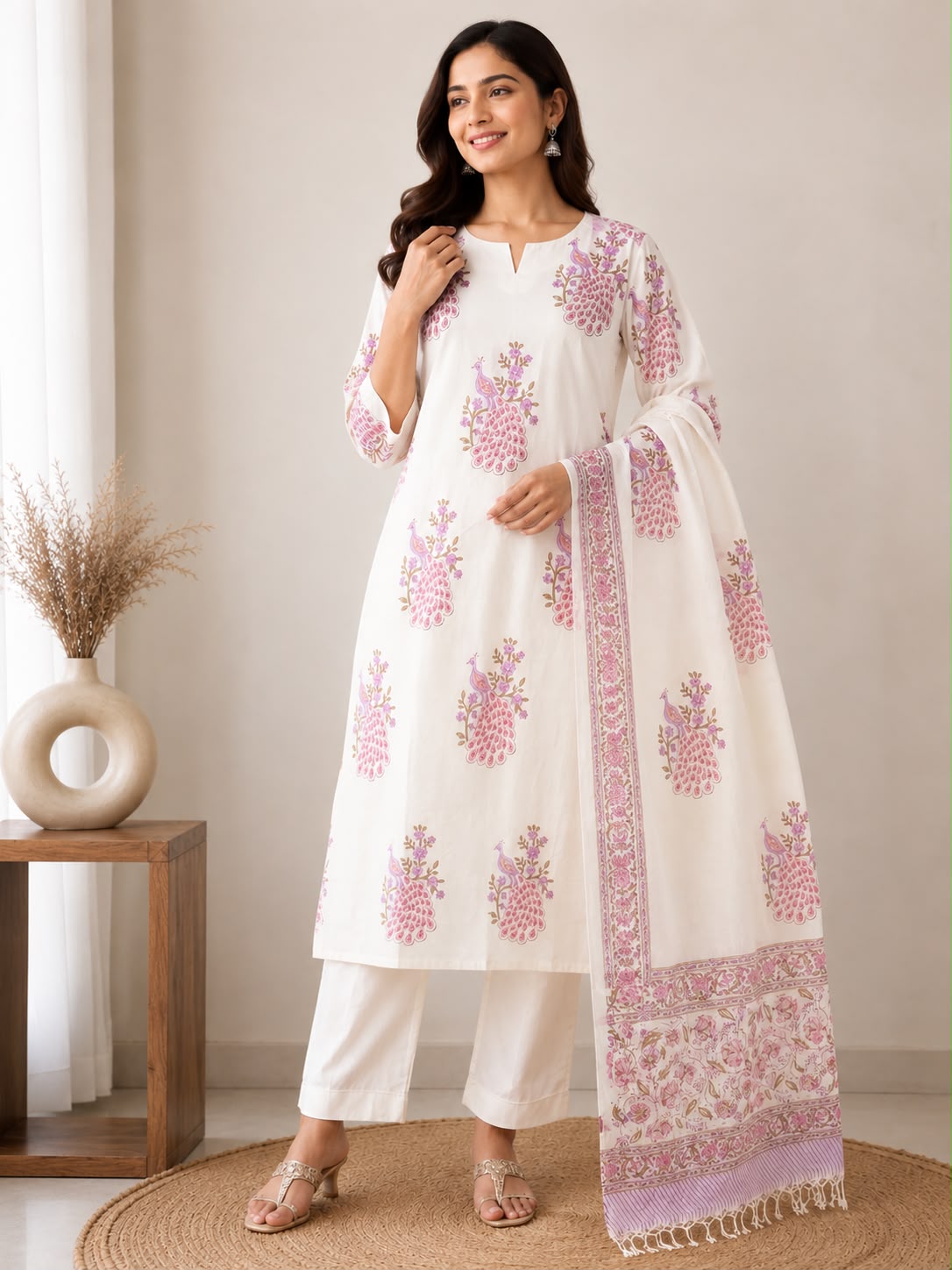 Women’s White Printed Kurti Pant Set with Dupatta | Ethnic 3-Piece Kurta Set