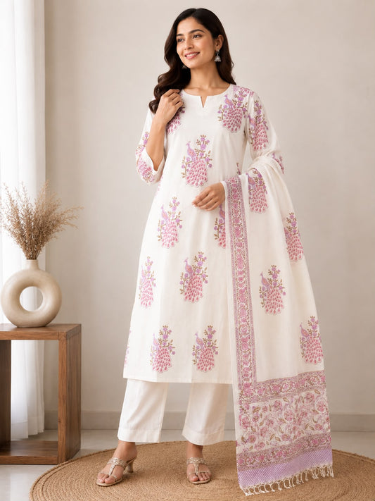 Women’s White Printed Kurti Pant Set with Dupatta | Ethnic 3-Piece Kurta Set