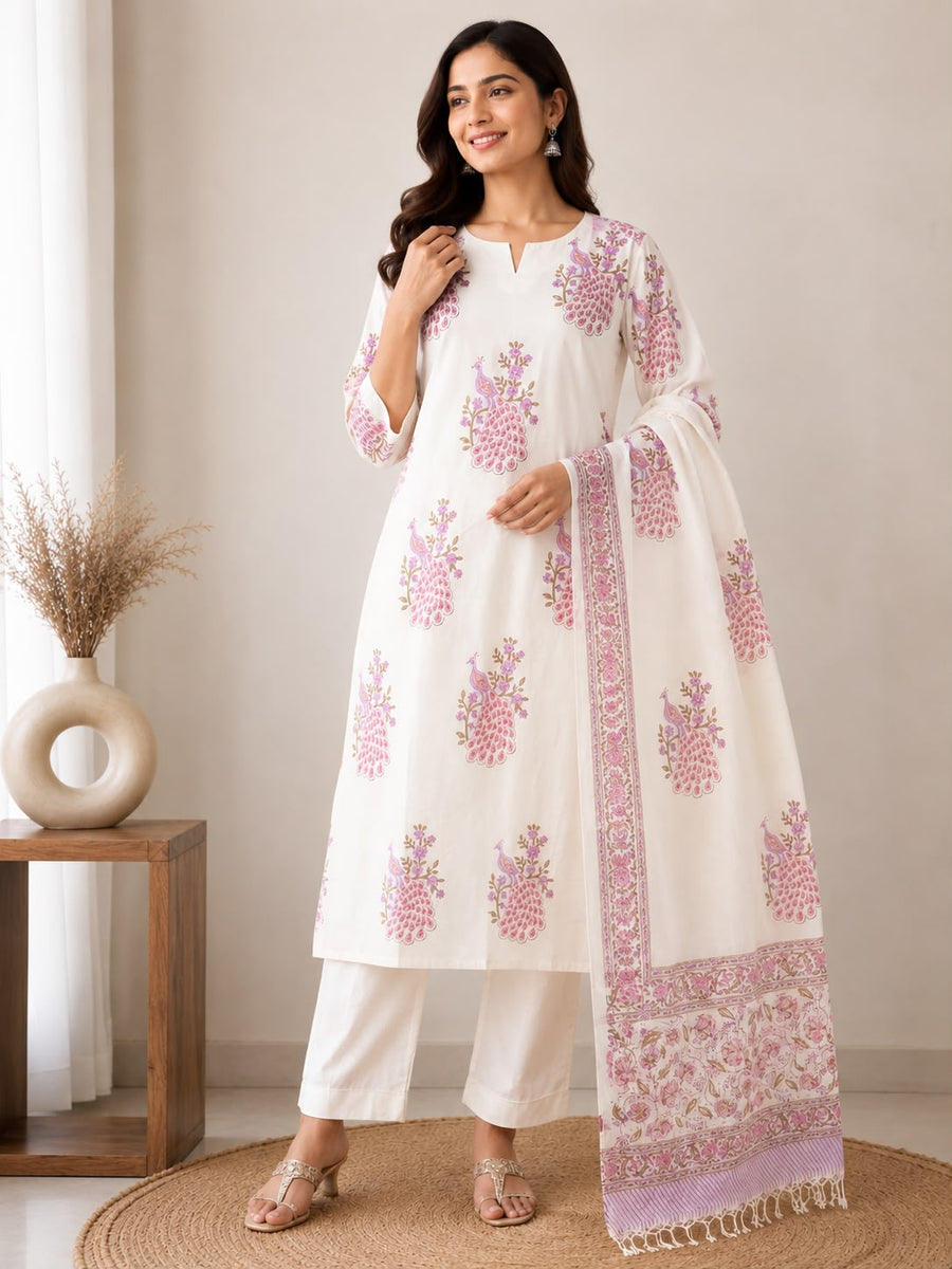 Women’s White Printed Kurti Pant Set with Dupatta | Ethnic 3-Piece Kurta Set