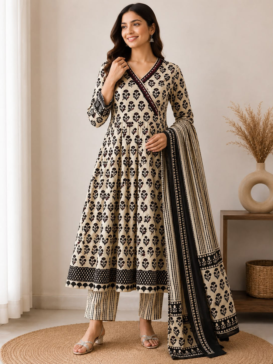 Women’s Beige Black Printed Anarkali Kurti Pant Set with Dupatta | Ethnic 3-Piece Kurta Set