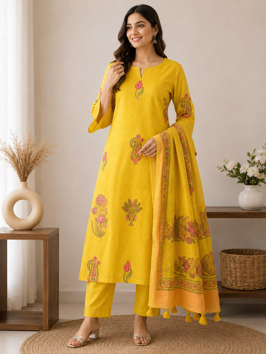 Women’s Mustard Yellow Handblock Printed Kurti Pant Set with Dupatta | Ethnic 3-Piece Kurta Set