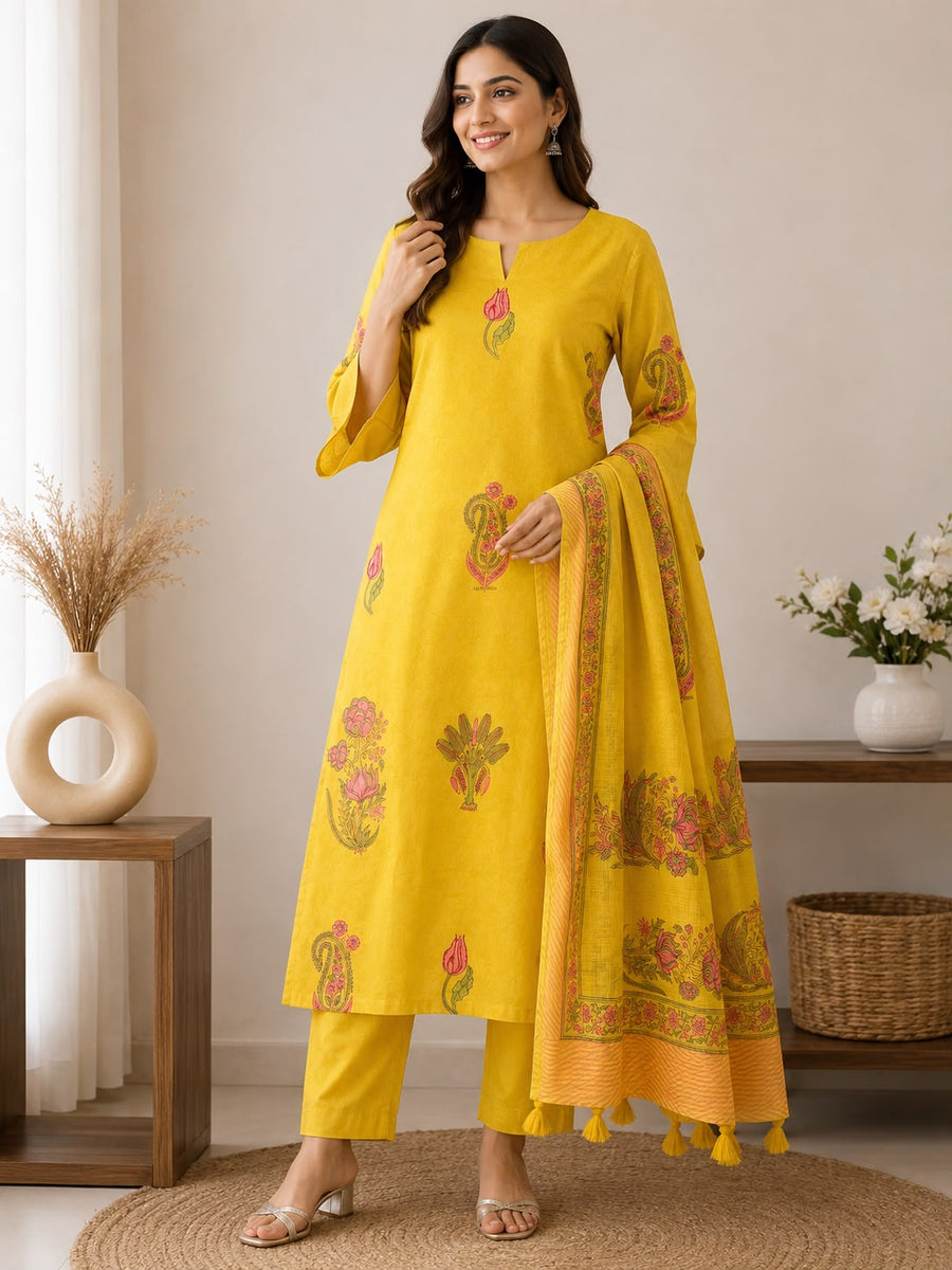 Women’s Mustard Yellow Handblock Printed Kurti Pant Set with Dupatta | Ethnic 3-Piece Kurta Set