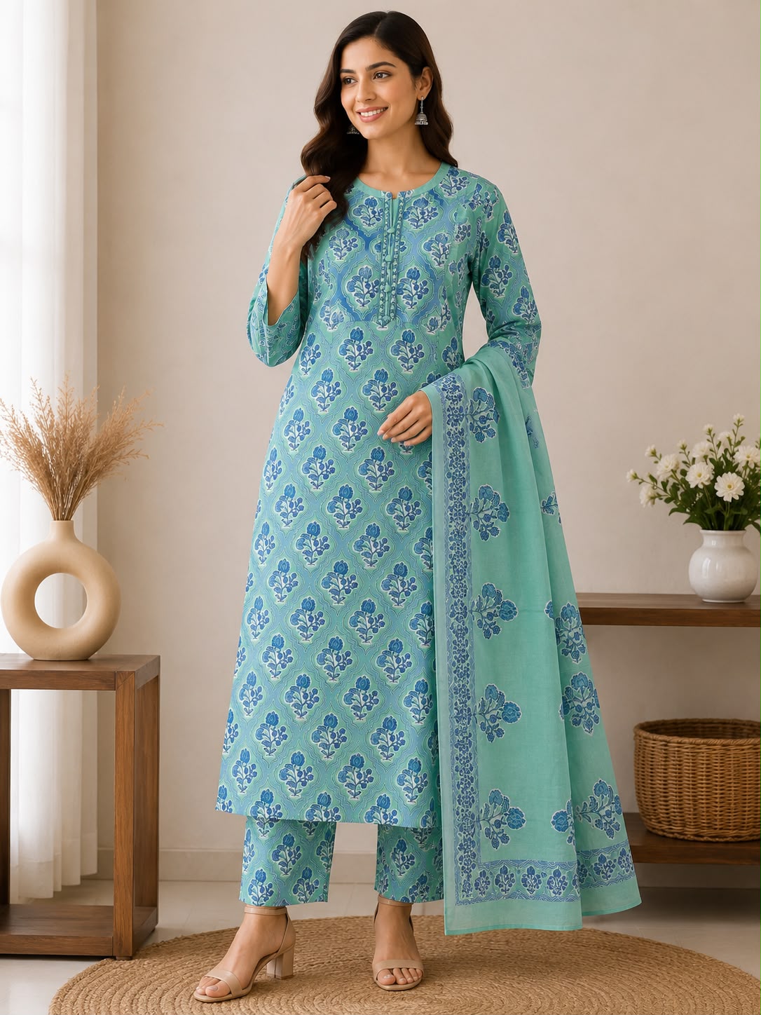 Women’s Aqua Green Printed Kurti Pant Set with Dupatta | Ethnic 3-Piece Kurta Set