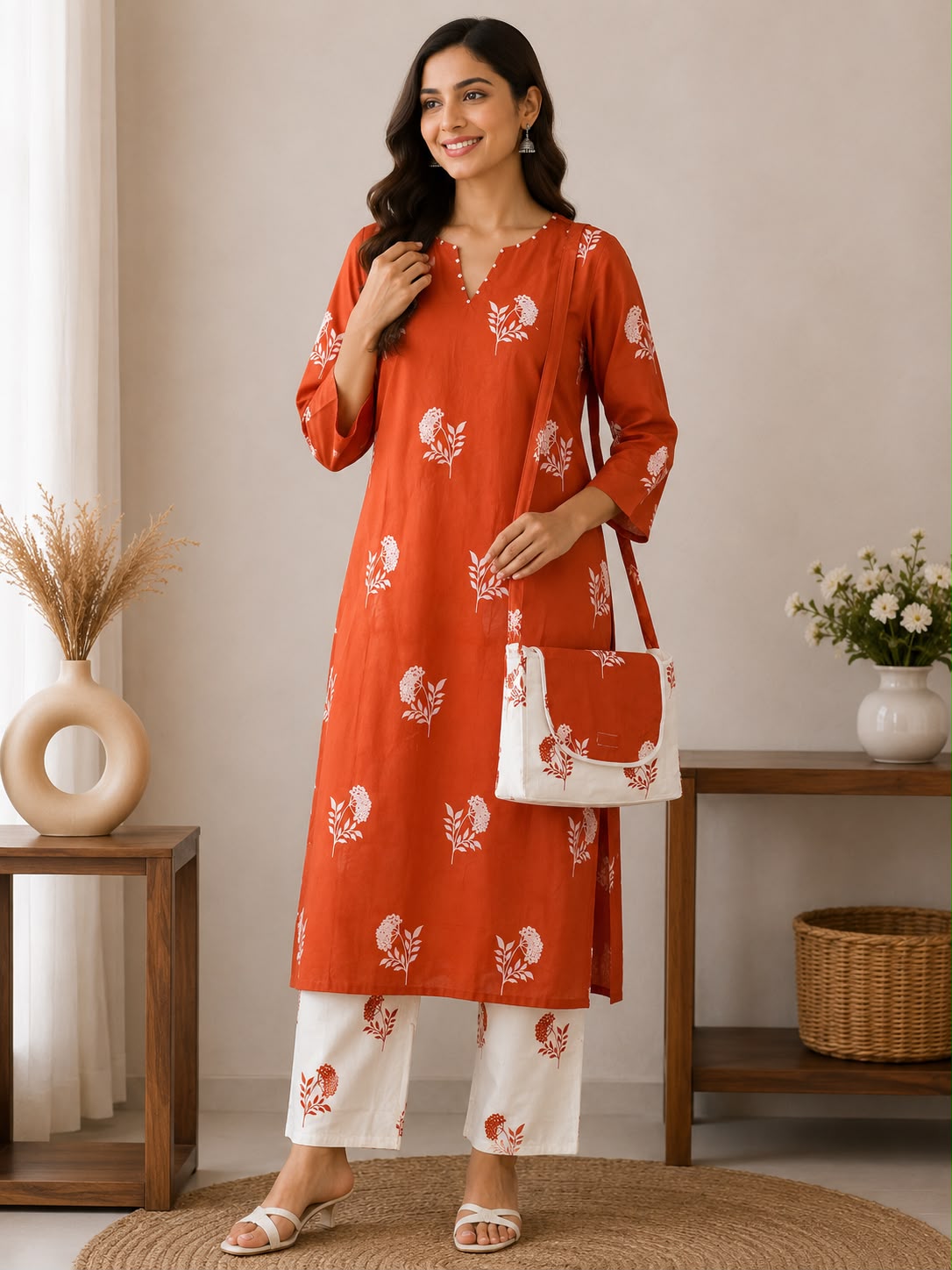 Women’s Rust Orange Printed Co-Ord Set with Matching Bag | Kurti Style Top & Pant Set