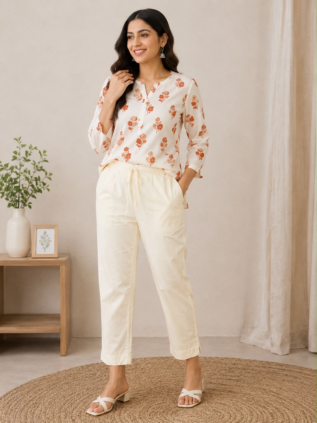 Women’s Off White Cotton Pant | Comfortable Straight-Fit Drawstring Casual Pants