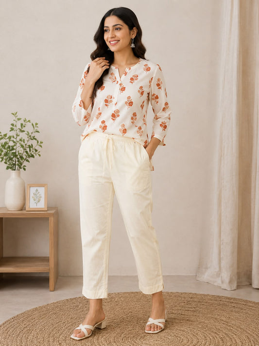 Women’s Off White Cotton Pant | Comfortable Straight-Fit Drawstring Casual Pants
