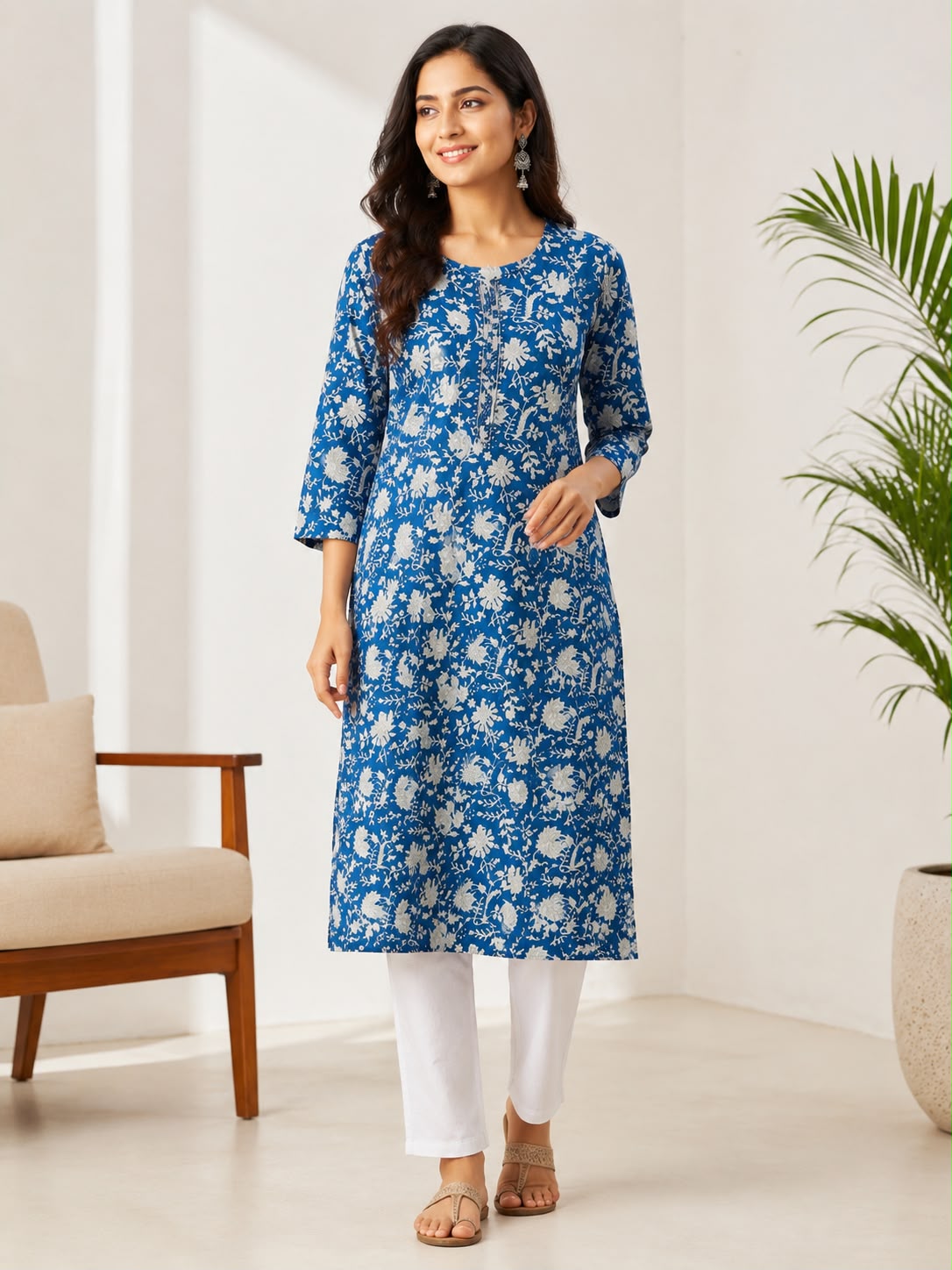 Women Blue Cotton Kurti with White Floral Print | 3/4 Sleeve Straight Fit Ethnic Kurta for Casual & Daily Wear