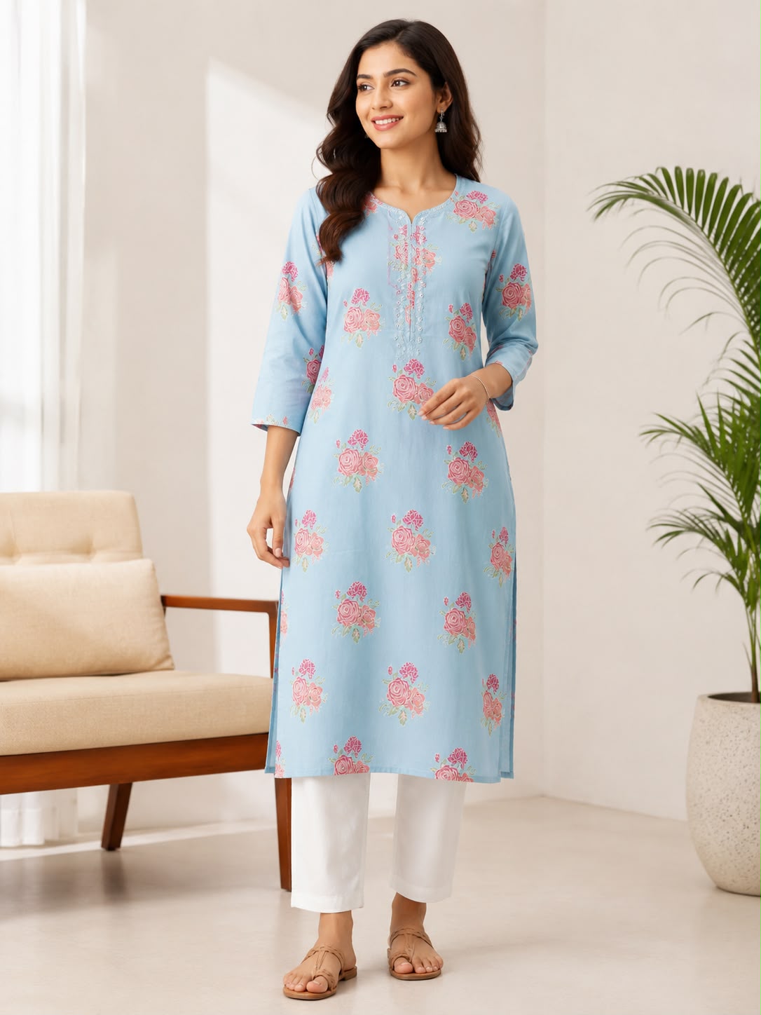 Women Light Blue Cotton Kurti with Pink Floral Print | 3/4 Sleeve Straight Fit Casual Ethnic Kurta