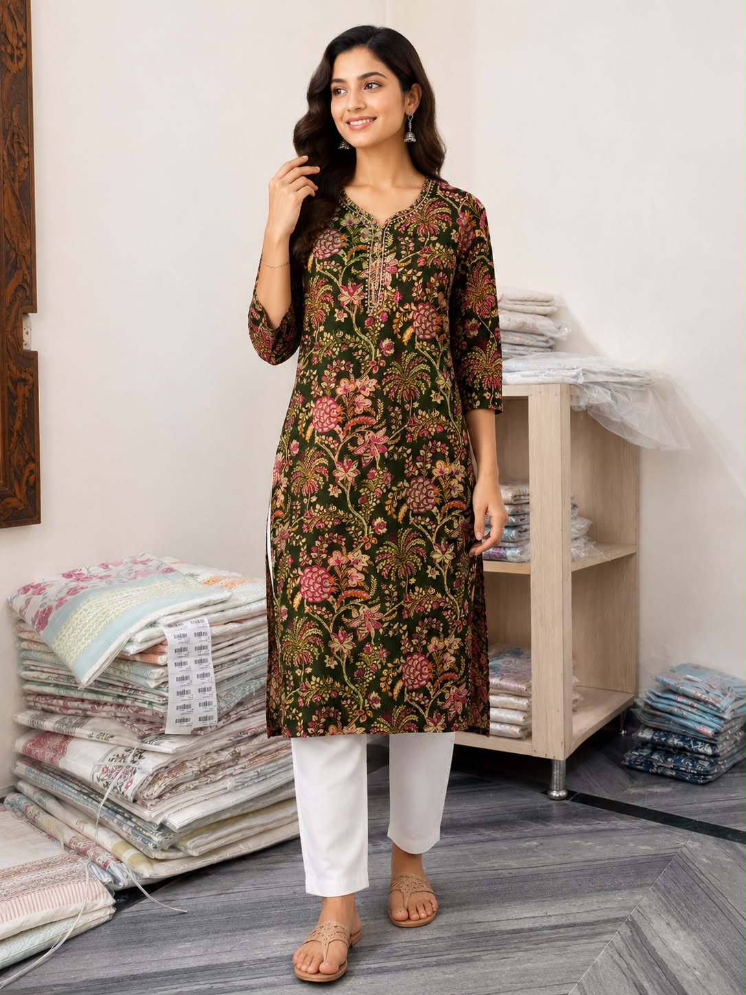 Women Dark Green Cotton Kurti with Multicolor Floral Print | 3/4 Sleeve Straight Fit Ethnic Kurta