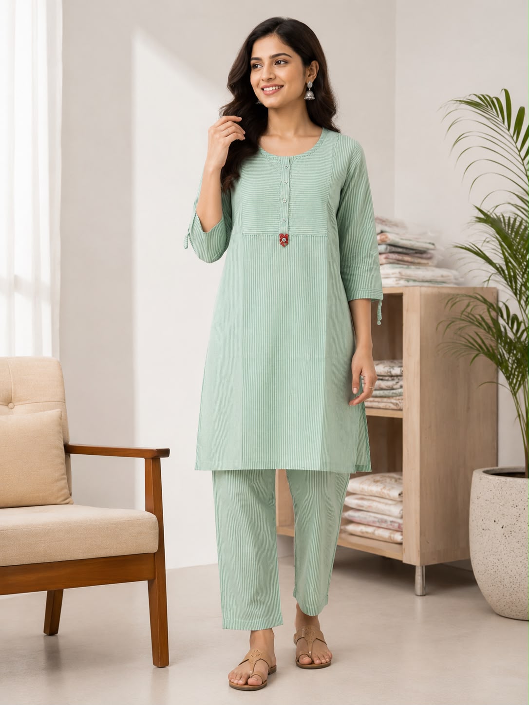 Women Mint Green Cotton Co-ord Set | Striped Kurti with Matching Pant | Casual Ethnic Wear for Women