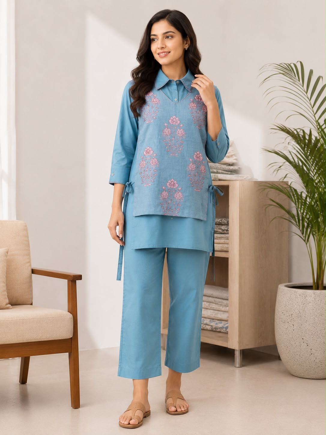 Women Blue Cotton Co-ord Set with Embroidered Overlay Top | Shirt Collar Kurti & Pant Set
