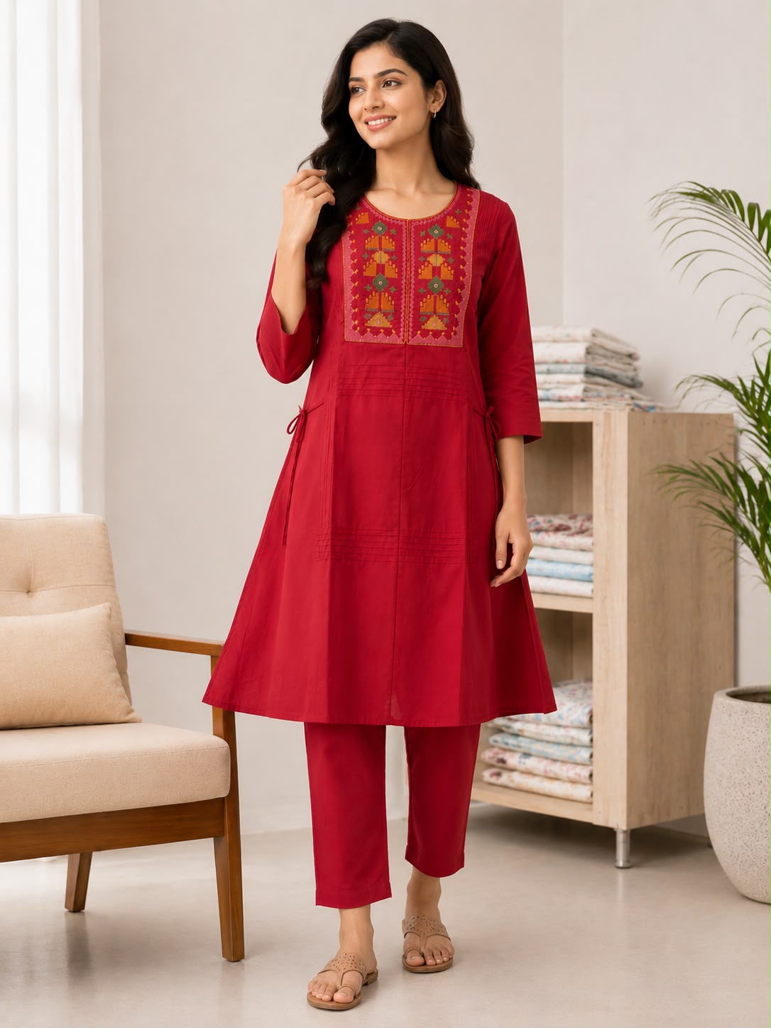 Women Red Mal Cotton Kurti Set with Embroidered Yoke | A-Line Kurta & Pant Set for Casual Ethnic Wear