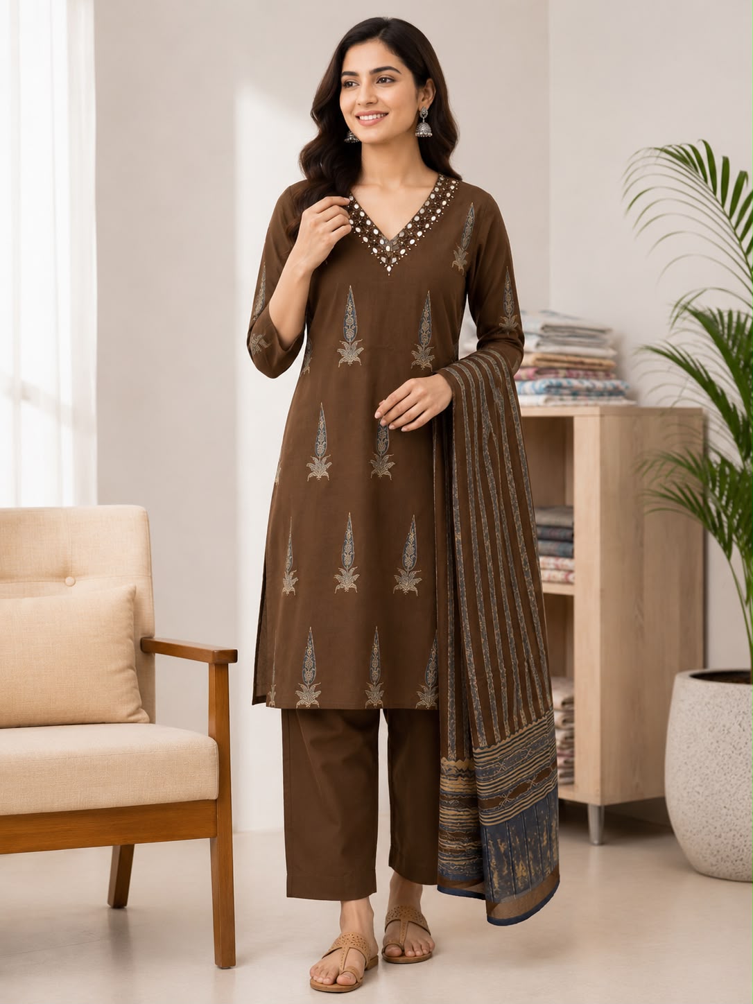 Women Brown Cotton Kurti Set with Dupatta | Printed Kurta Pant Set with V-Neck Embellished Detail