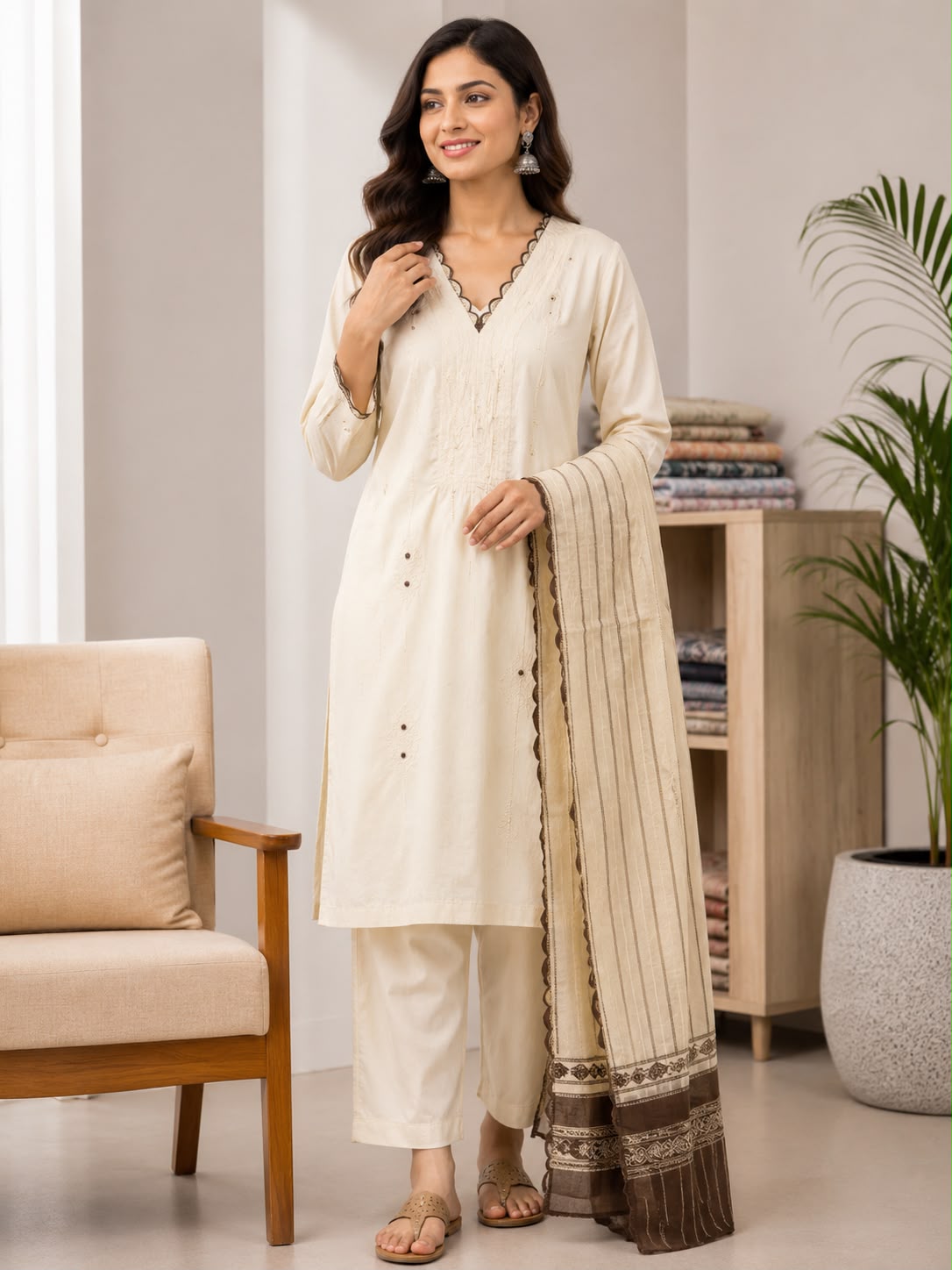 Women Cream Cotton Kurti Set with Dupatta | V-Neck Embroidered Kurta Pant Set for Ethnic Wear