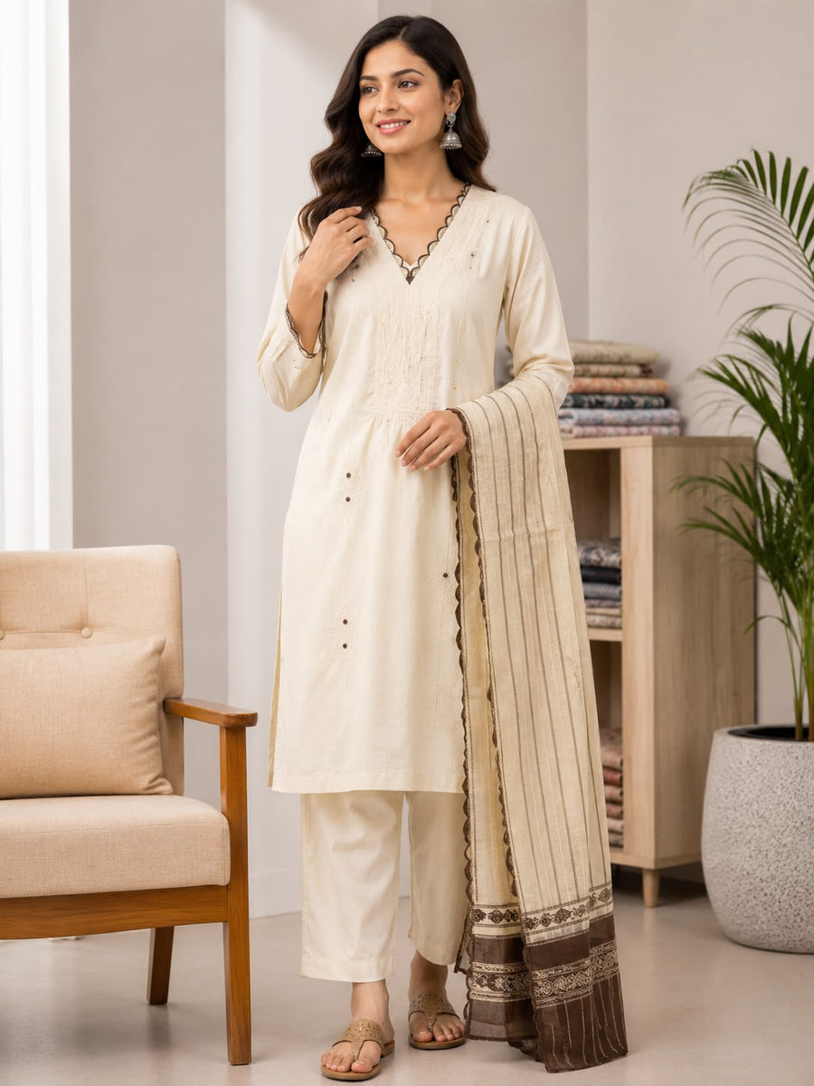 Women Cream Cotton Kurti Set with Dupatta | V-Neck Embroidered Kurta Pant Set for Ethnic Wear