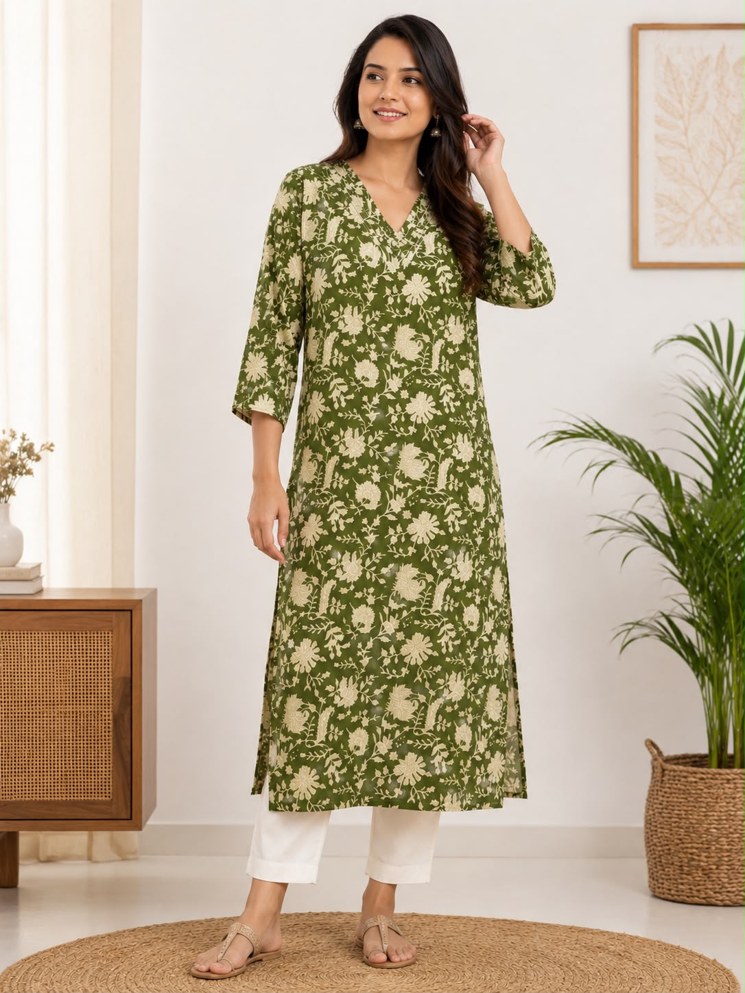 Women Olive Green Floral Printed Cotton Kurti | V-Neck 3/4 Sleeve Straight Kurta for Casual & Office Wear