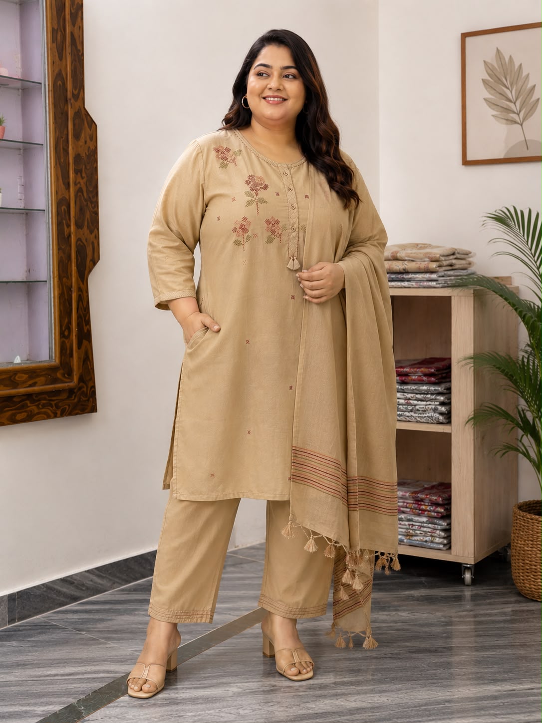 Plus Size Beige Embroidered Kurti Set with Dupatta | Women’s Cotton Ethnic Kurta Pant Set