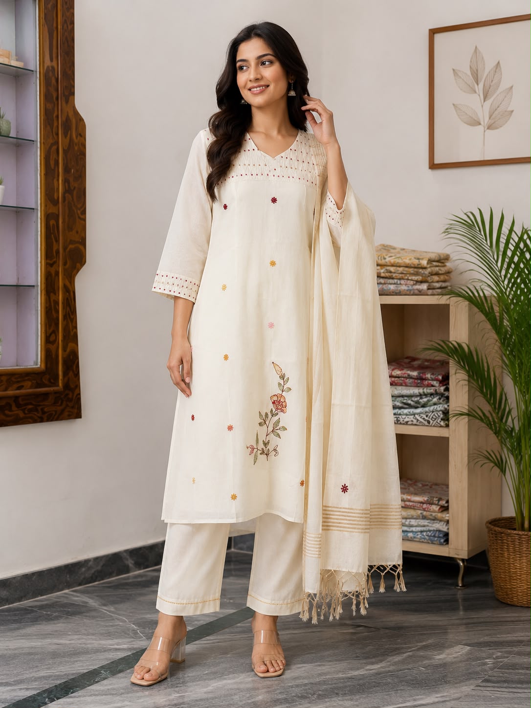 Women Off White Mal Chanderi Hand Embroidered Kurti Set with Dupatta | Ethnic Kurta Pant Set