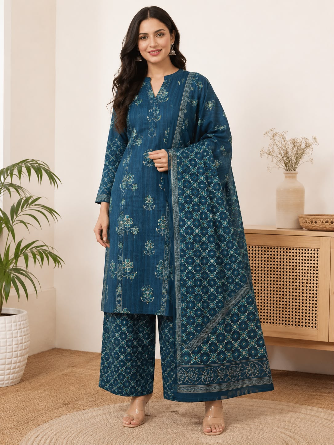Women Blue Printed Kurti Set with Palazzo Pants – Ethnic Kurta Pant Set for Casual & Office Wear