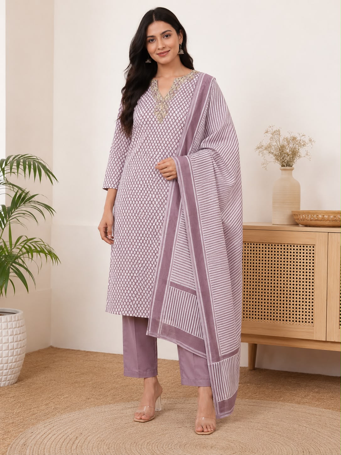 Women Mauve Printed Kurti Set with Dupatta – 3 Piece Kurta Pant Suit for Casual & Festive Wear