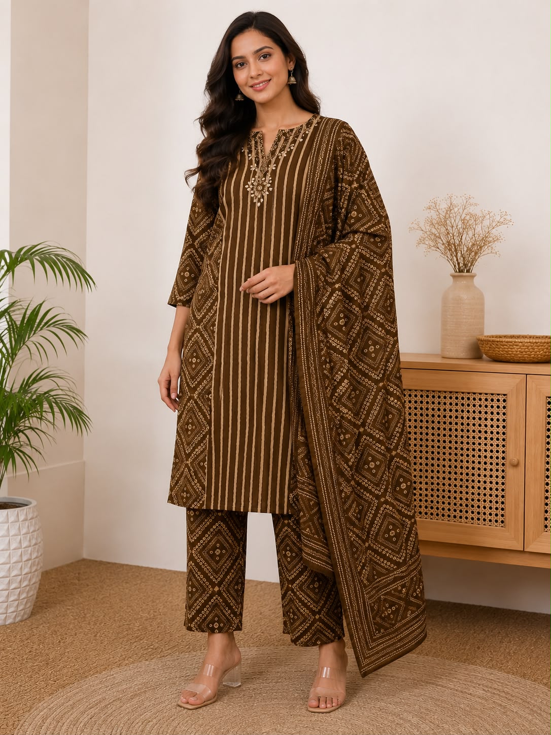 Women Brown 3-Piece Kurti Set with Dupatta – Printed Kurta Pant Suit for Casual & Festive Wear