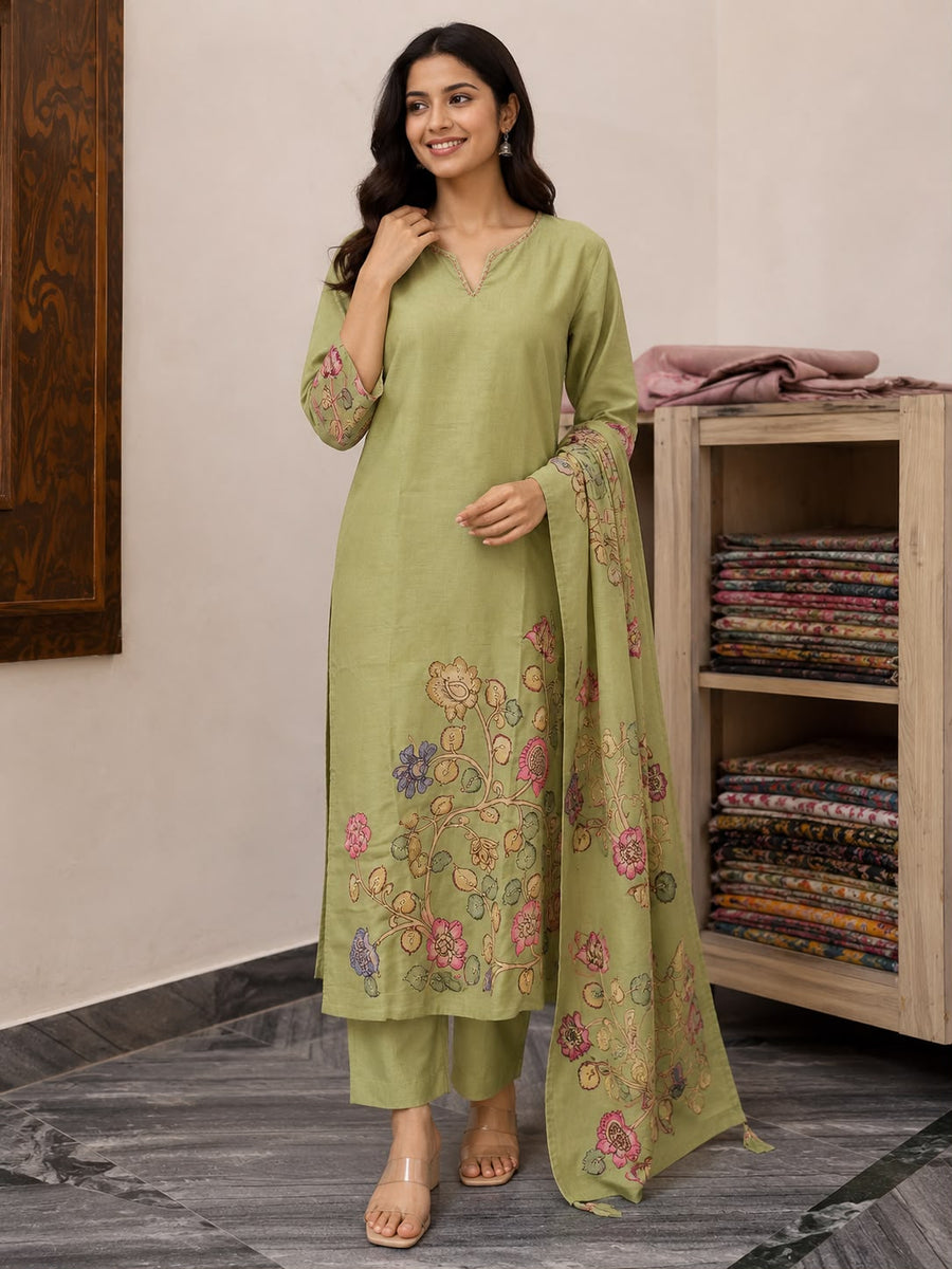 Women’s Olive Green Kurti Set with Dupatta | Floral Embroidered Kurta Pant Set for Casual & Office Wear