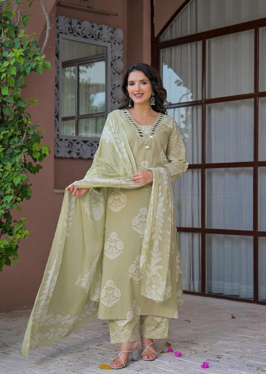 Women’s Sage Green Kurti Set with Dupatta | Floral Printed Ethnic Kurta Pant Set for Festive & Casual Wear