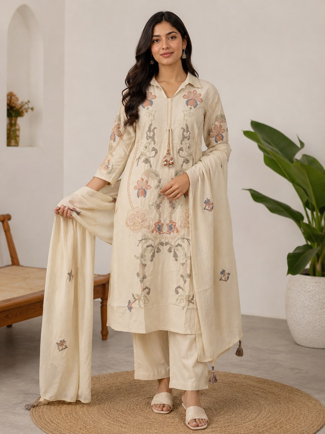 Women’s Khadi Kurti Set with Dupatta – Cream Embroidered Cotton Kurta Pant Set for Ethnic Wear