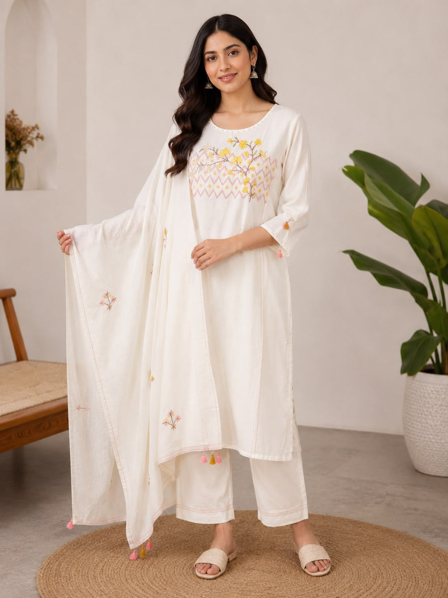 Women’s White Embroidered Kurti Set with Dupatta – Elegant Cotton Ethnic Kurta Pant Set