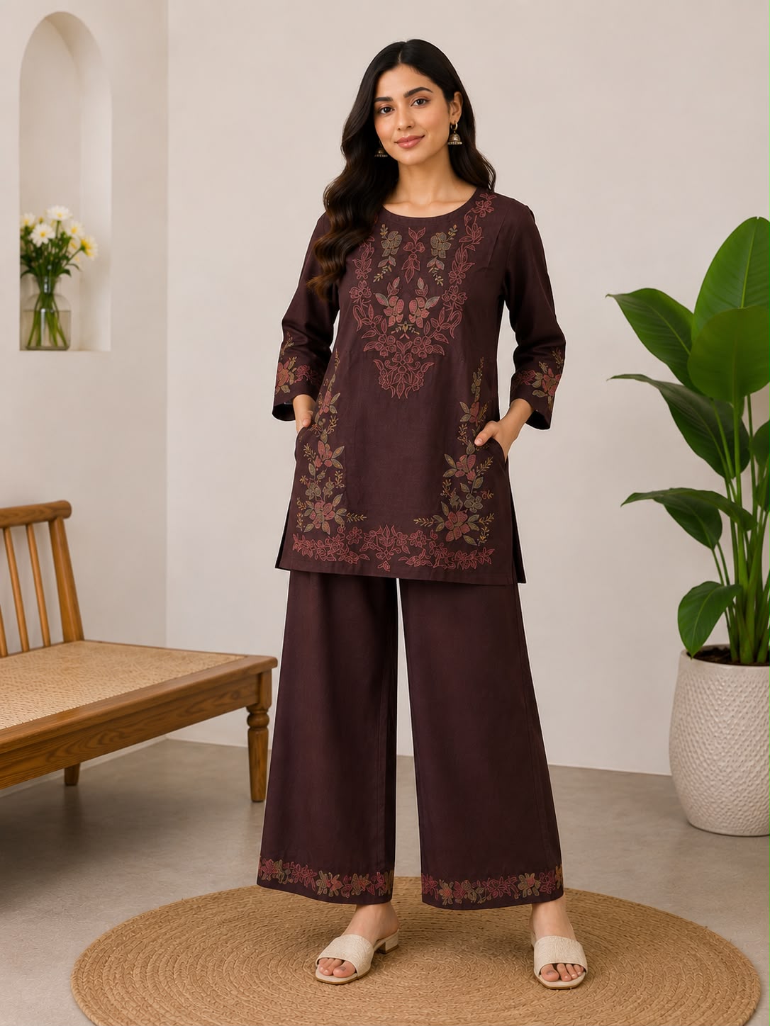 Women’s Brown Embroidered Co-ord Set – Floral Embroidery Top with Matching Palazzo Pants