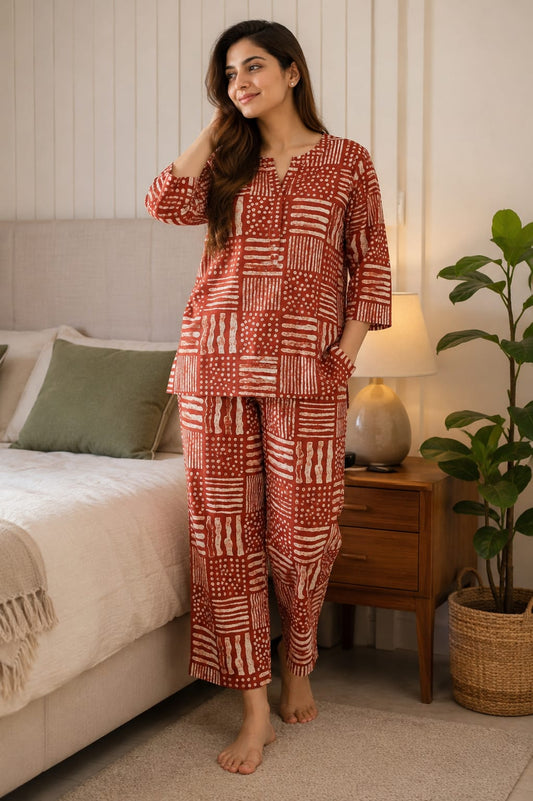 Women’s Cotton Printed Night Suit Set – Rust Red 3/4 Sleeve Top with Matching Pyjama Pants & Pockets